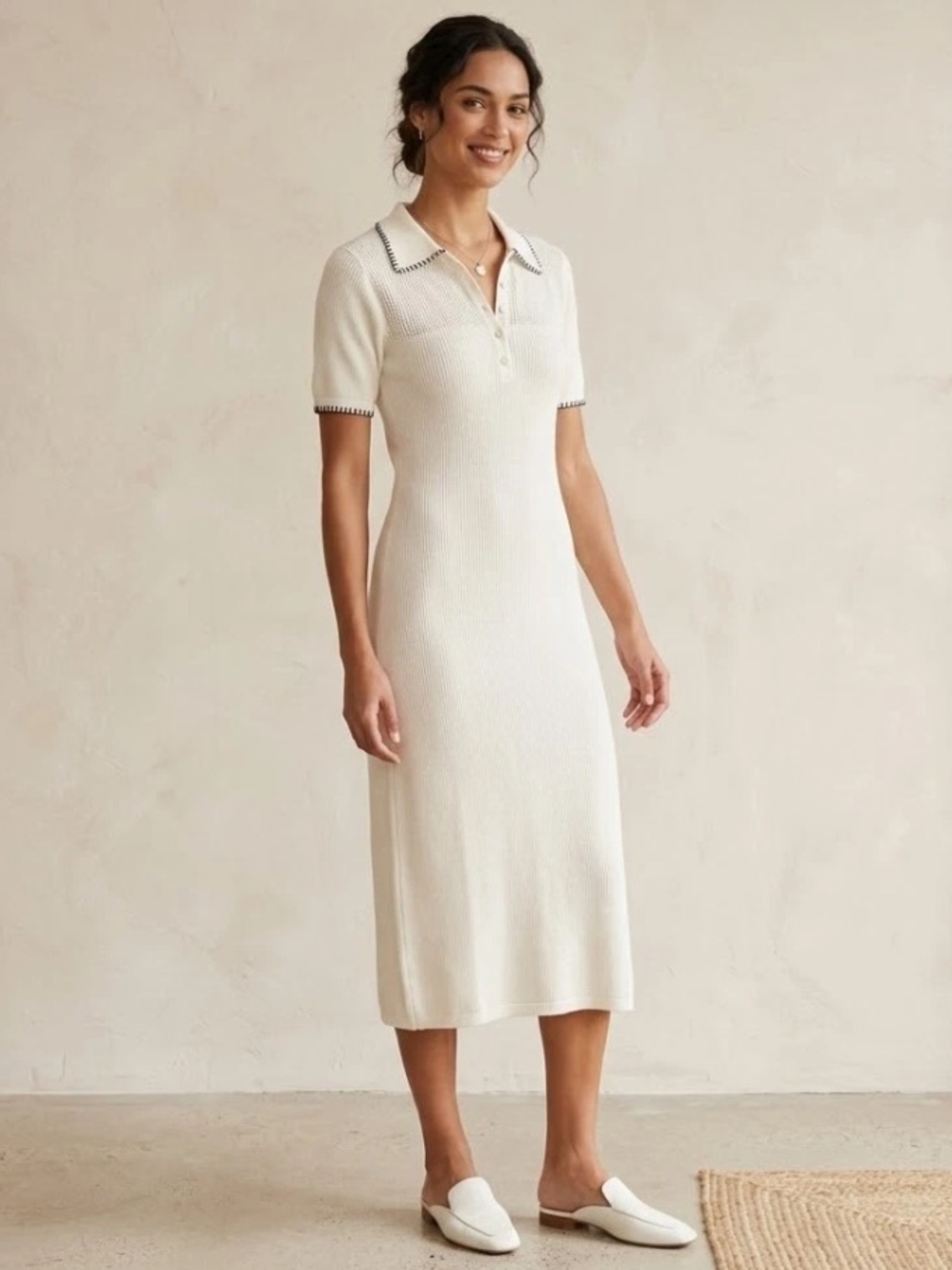 Caroline Constas NWOT‎ White Knit Polo Midi Dress with blue Trim size XS